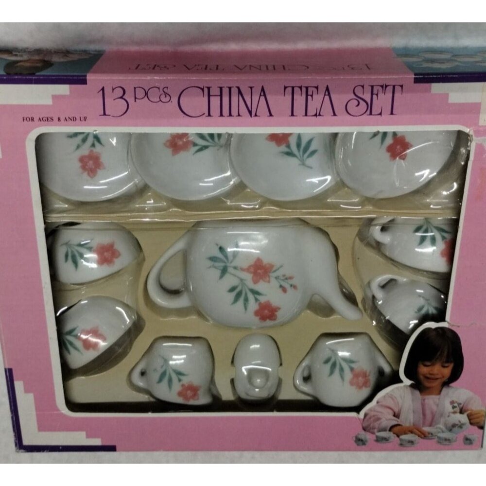 Vintage China Tea Set 13 Pcs‎ Miniature Toy Teapot Cups Plates Kids - Picture 5 of 5
